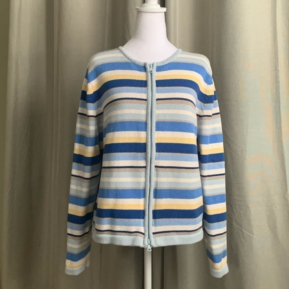 Blue and Yellow Striped Cardigan with Zipper
